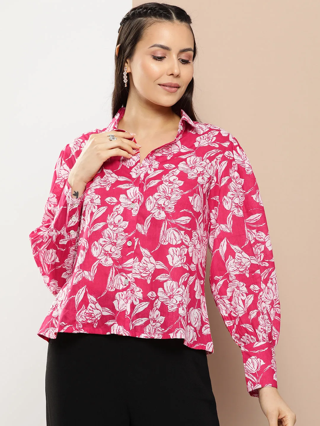 Pink Fuchsia Printed Shirt Style Top