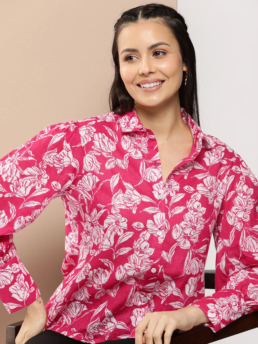 Pink Fuchsia Printed Shirt Style Top