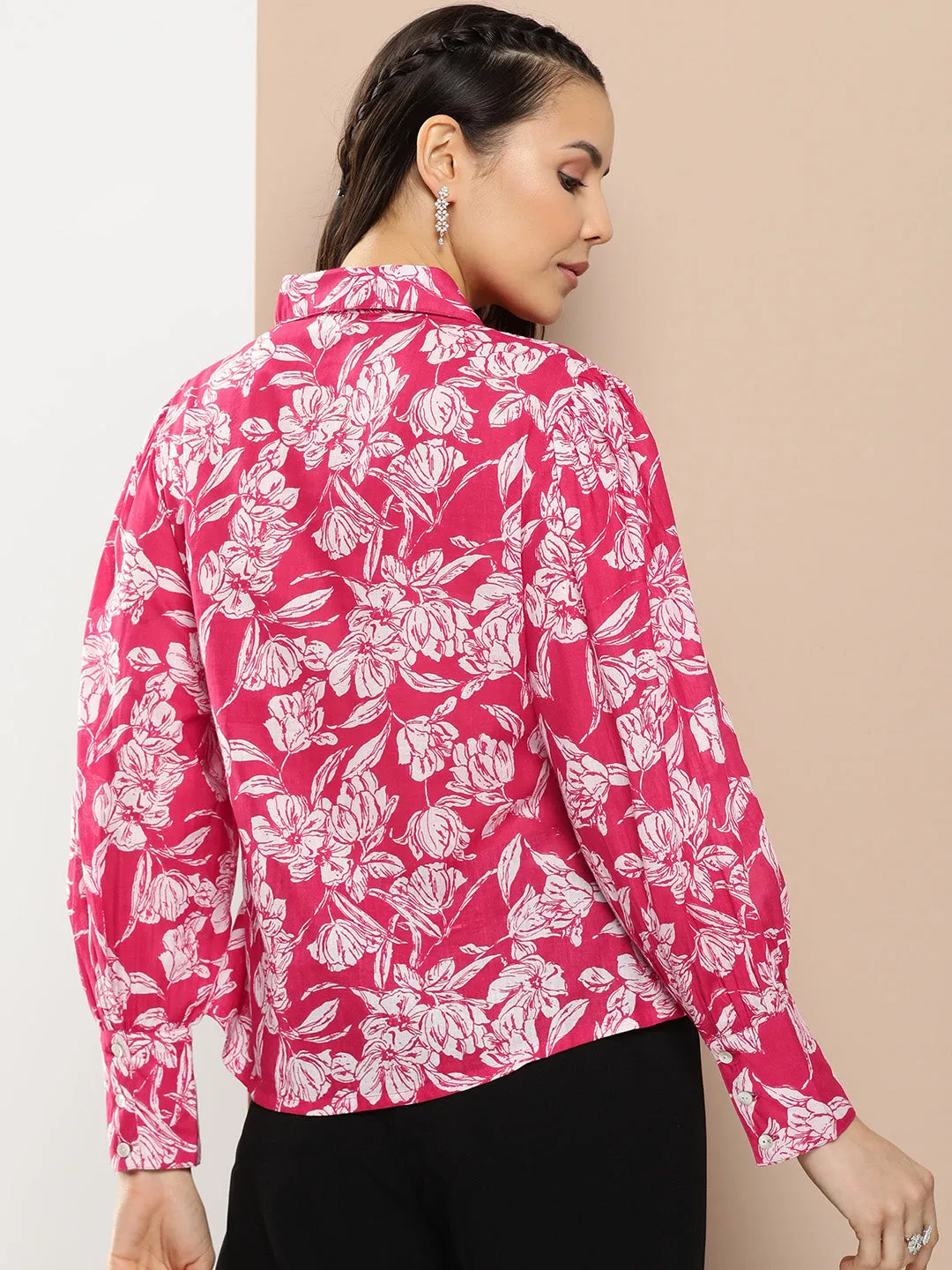 Pink Fuchsia Printed Shirt Style Top