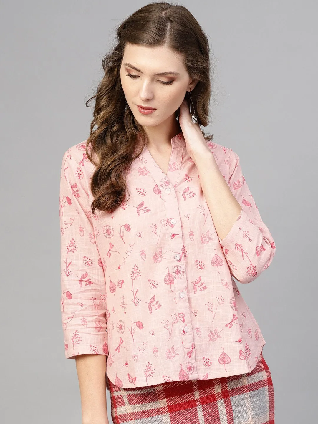 Pink Printed Top With Madarin Collar & 3/4 Sleeves