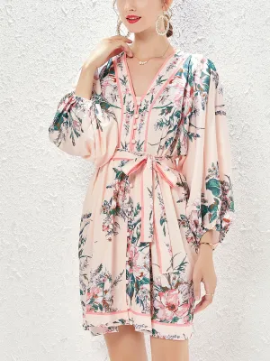 Pink V Neck Floral Print Long Sleeve Bohemian Mini Summer Dress