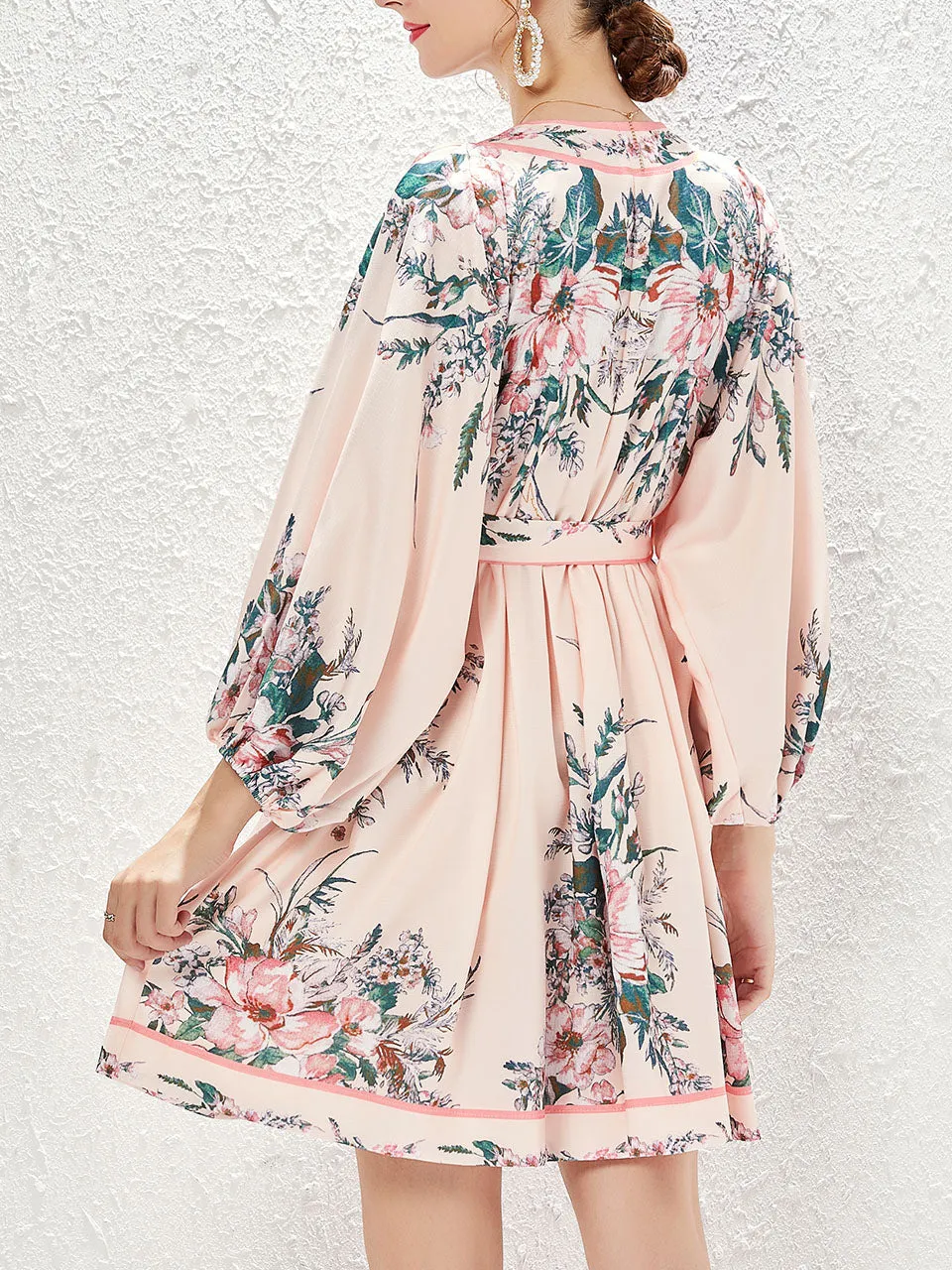 Pink V Neck Floral Print Long Sleeve Bohemian Mini Summer Dress