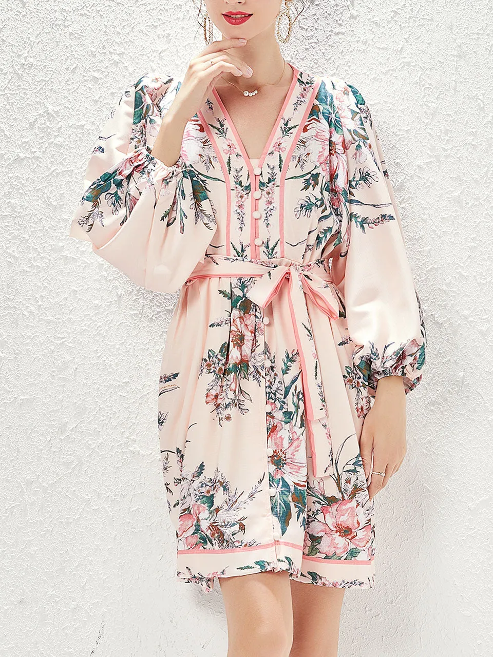 Pink V Neck Floral Print Long Sleeve Bohemian Mini Summer Dress