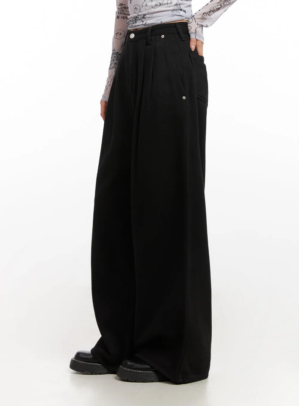 Pintuck Wide-Leg Cotton Pants CN426