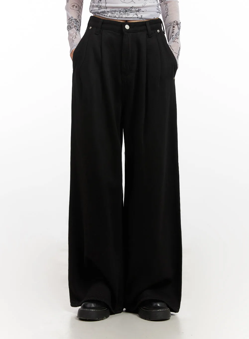 Pintuck Wide-Leg Cotton Pants CN426