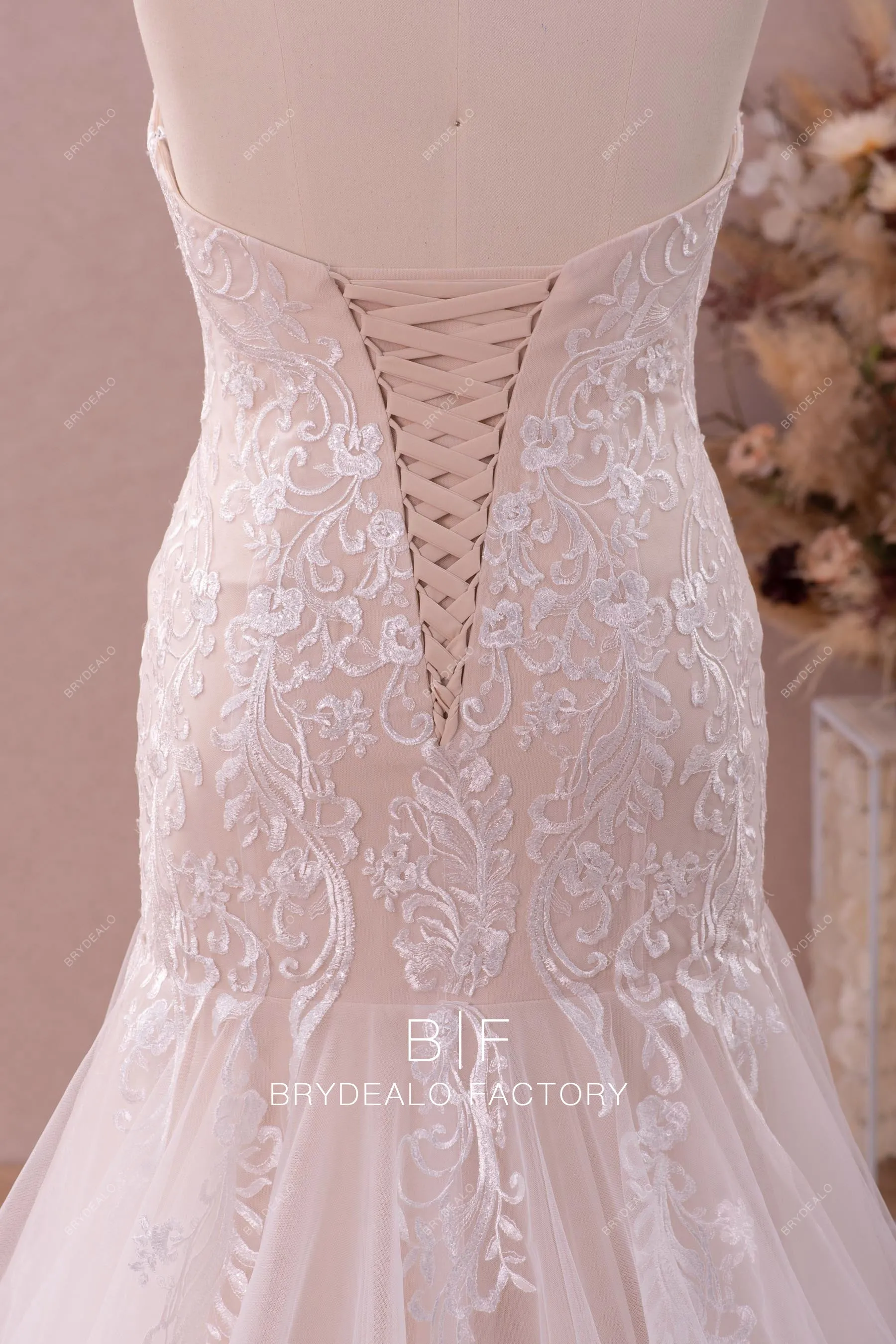 Plus Size Sweetheart Lace Tulle Mermaid Nude Pink Destination Wedding Dress