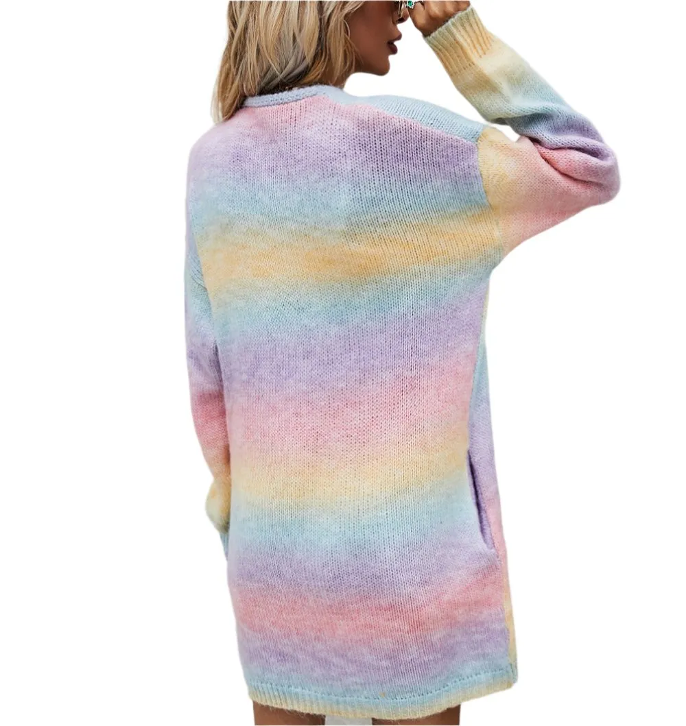 Rainbow Pocket Knitted Tie-Dyed Mid-Length Cardigan