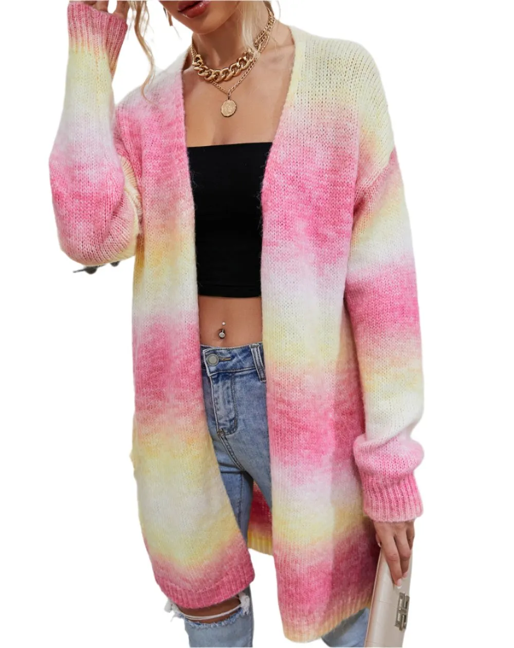 Rainbow Pocket Knitted Tie-Dyed Mid-Length Cardigan