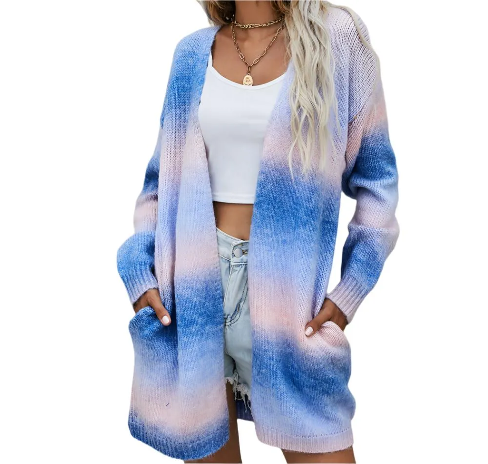 Rainbow Pocket Knitted Tie-Dyed Mid-Length Cardigan