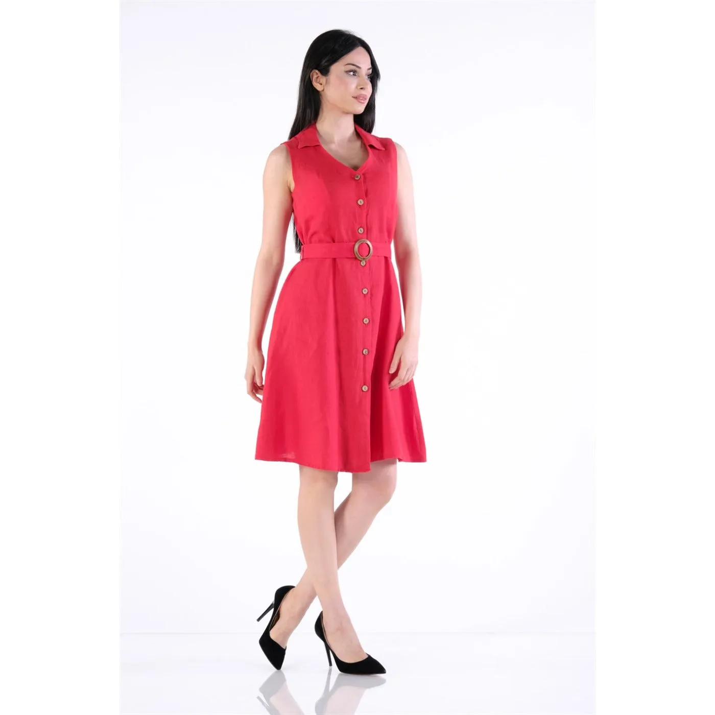 Red Buckle Linen Sleeveless Dress