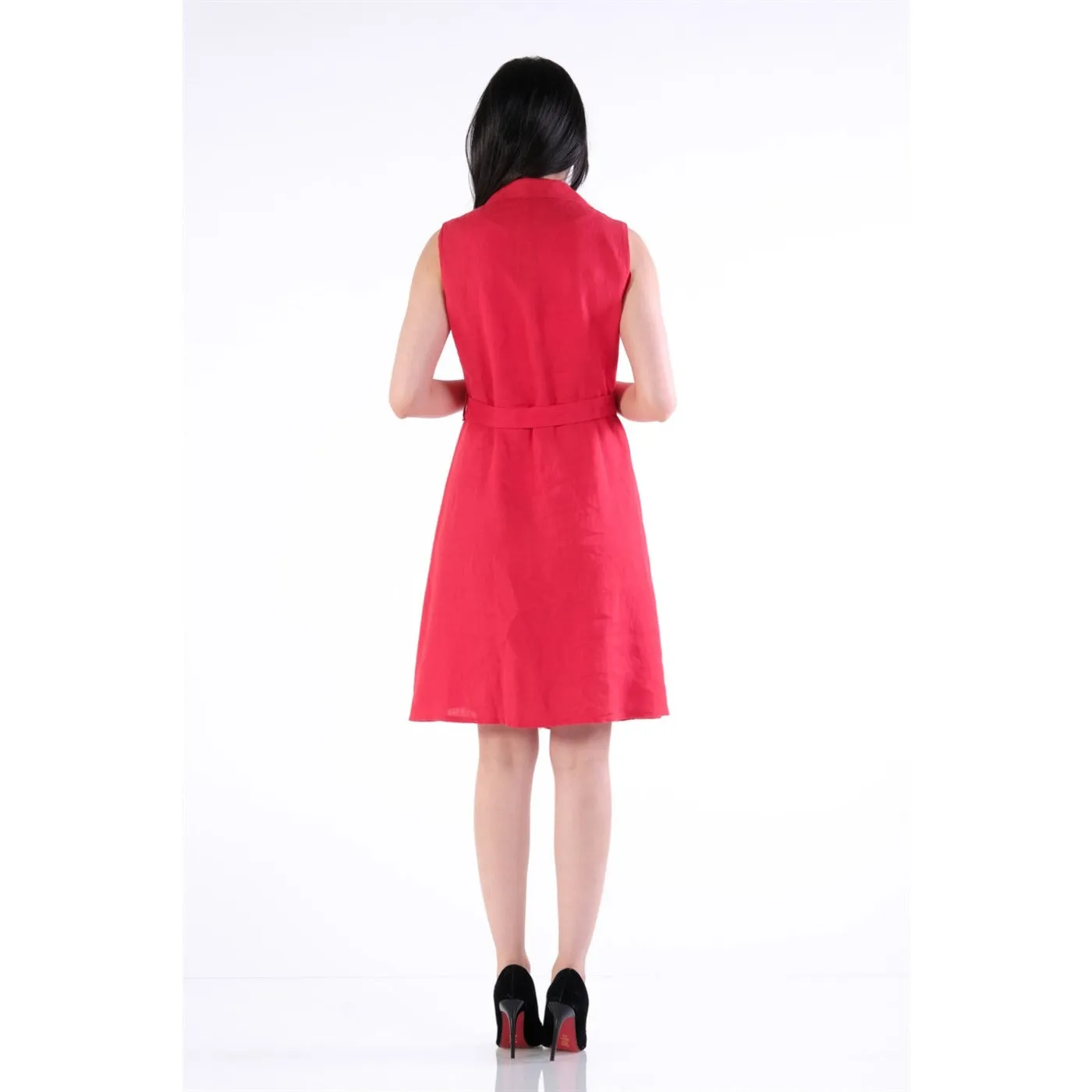 Red Buckle Linen Sleeveless Dress