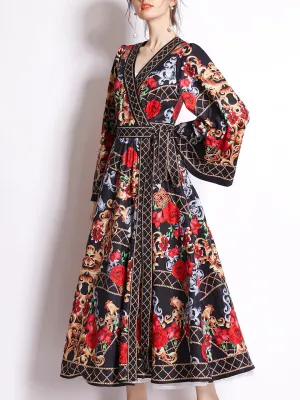 Red Floral Print V Neck Lantern Sleeve Bohemian Dress Maxi Dress