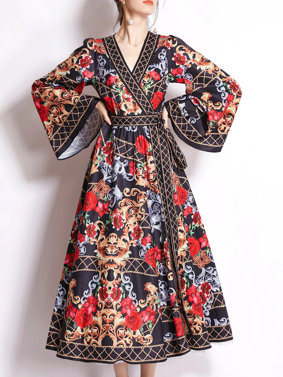 Red Floral Print V Neck Lantern Sleeve Bohemian Dress Maxi Dress