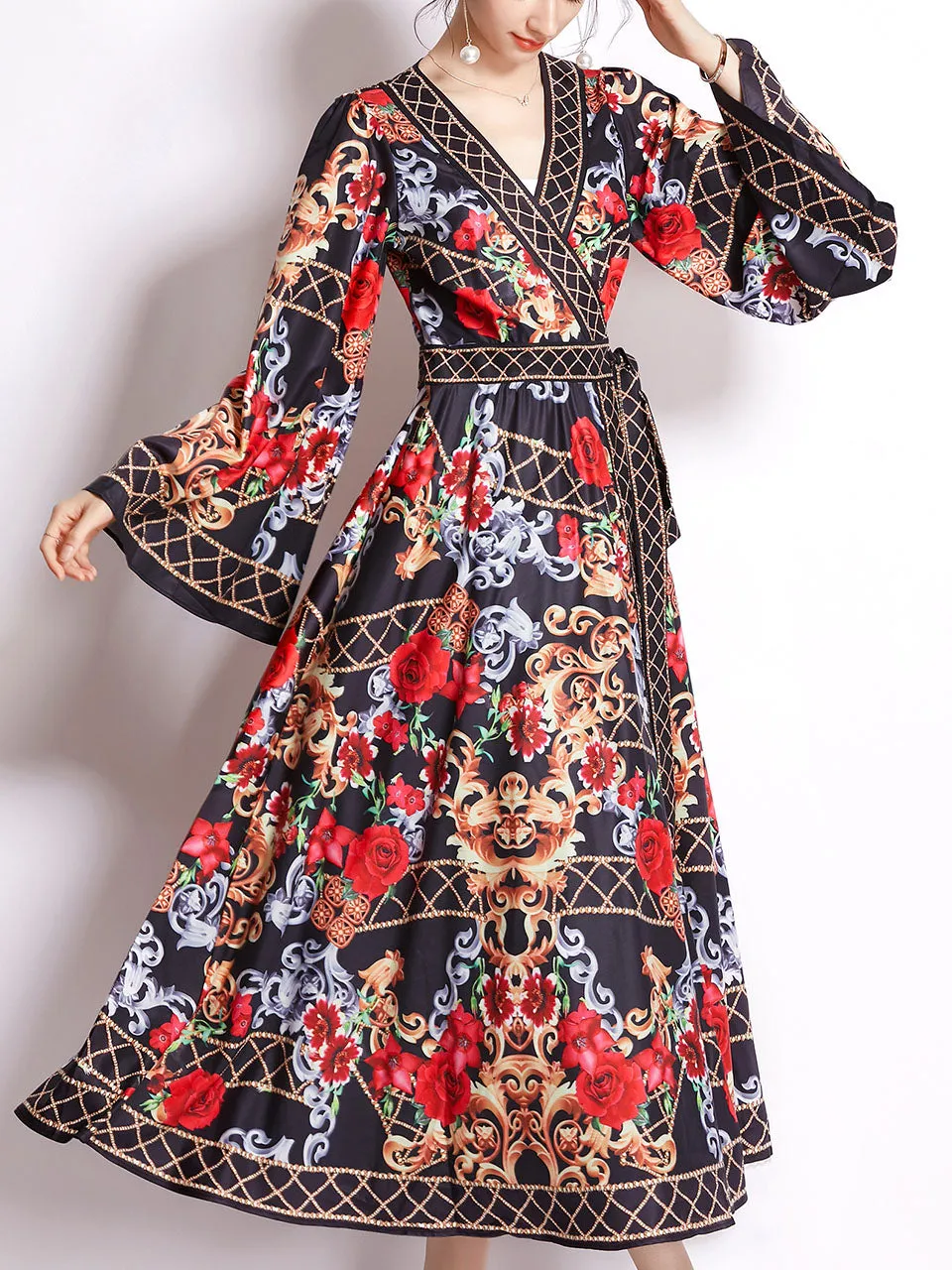 Red Floral Print V Neck Lantern Sleeve Bohemian Dress Maxi Dress