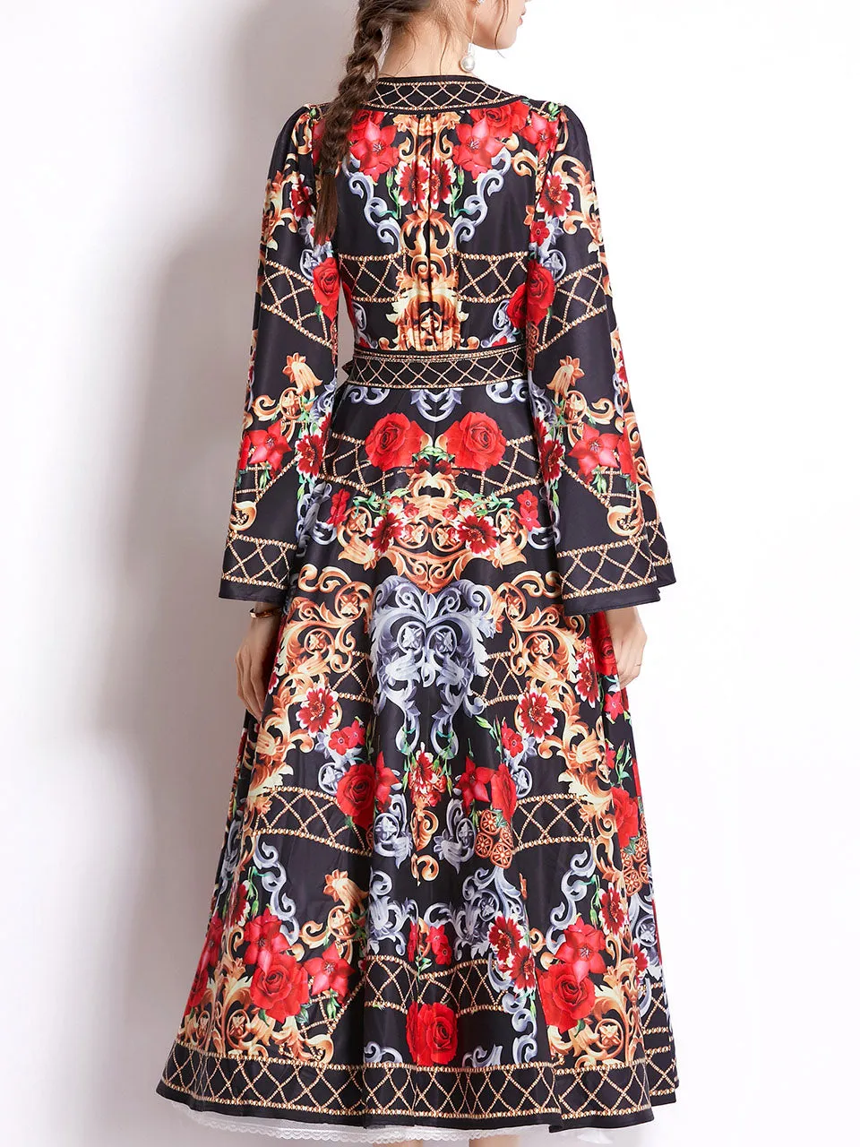 Red Floral Print V Neck Lantern Sleeve Bohemian Dress Maxi Dress