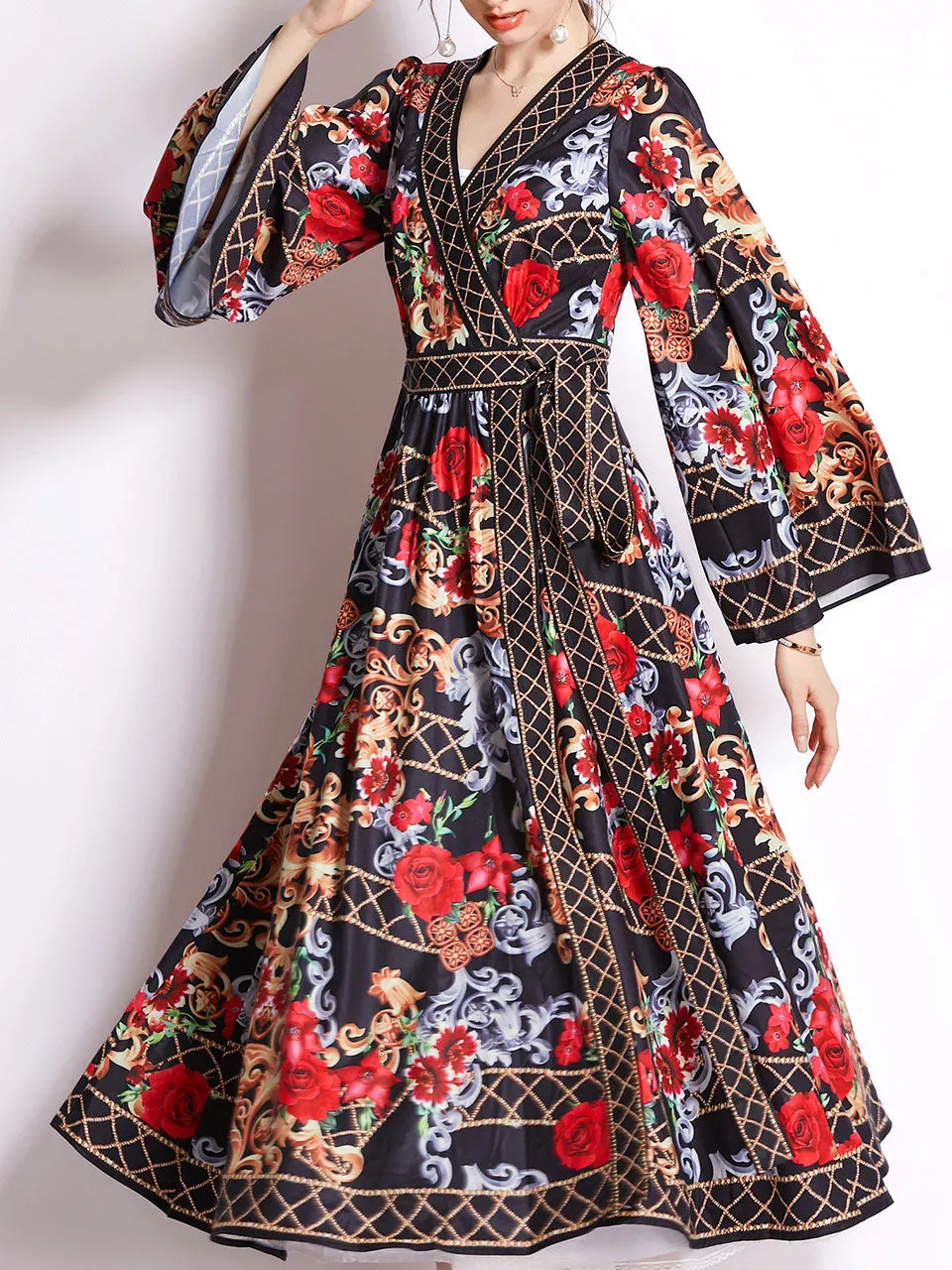 Red Floral Print V Neck Lantern Sleeve Bohemian Dress Maxi Dress