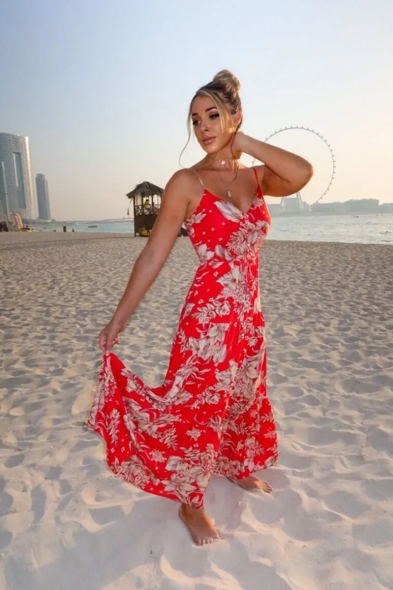 Red Floral Tie Waist Tiered Maxi Dress