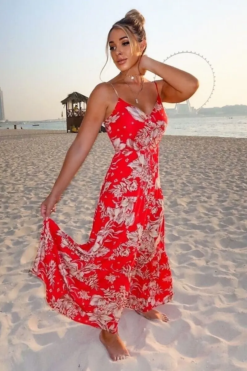 Red Floral Tie Waist Tiered Maxi Dress