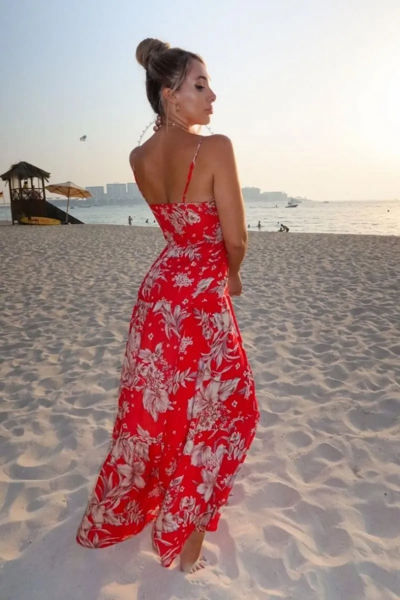 Red Floral Tie Waist Tiered Maxi Dress