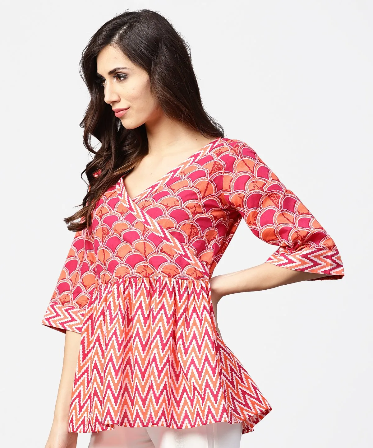 Red Printed 3/4Th Sleeve Angrakha Style Cotton Tunic