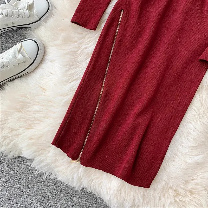 Round Neck Knitted Dress Women's Mid-Length Sweater Skirt Zipper Slit     S3911