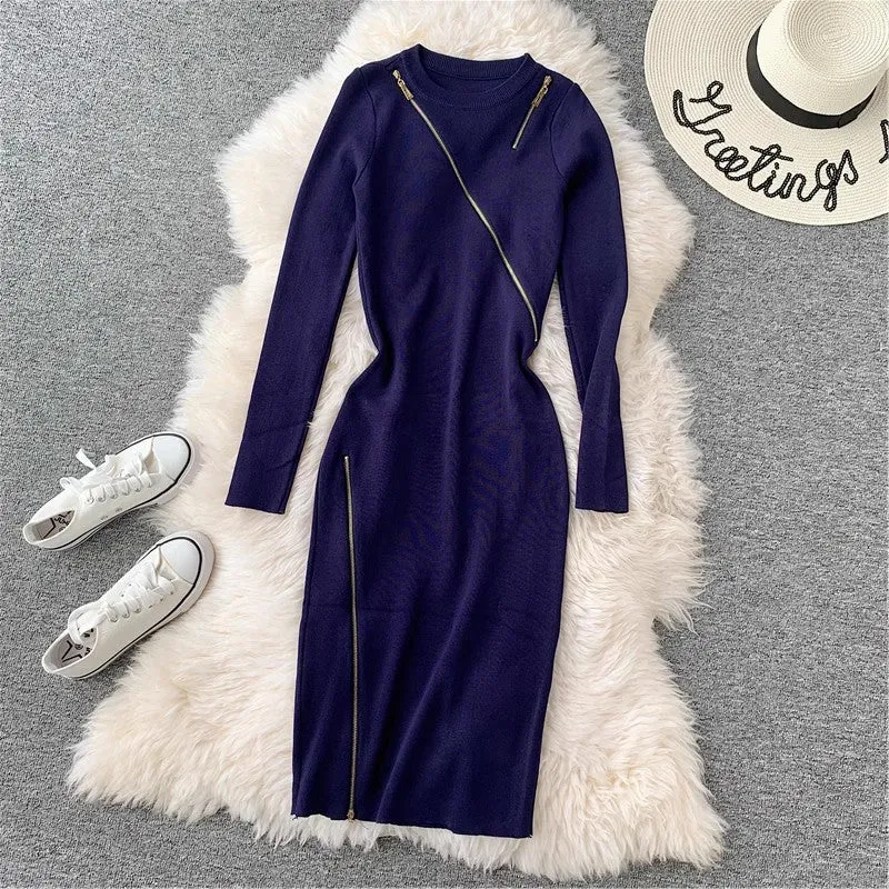 Round Neck Knitted Dress Women's Mid-Length Sweater Skirt Zipper Slit     S3911