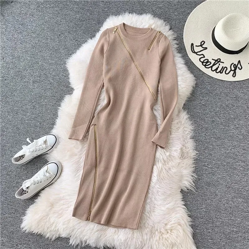 Round Neck Knitted Dress Women's Mid-Length Sweater Skirt Zipper Slit     S3911