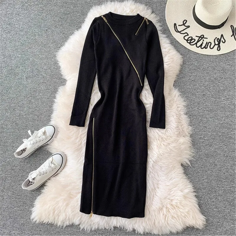 Round Neck Knitted Dress Women's Mid-Length Sweater Skirt Zipper Slit     S3911