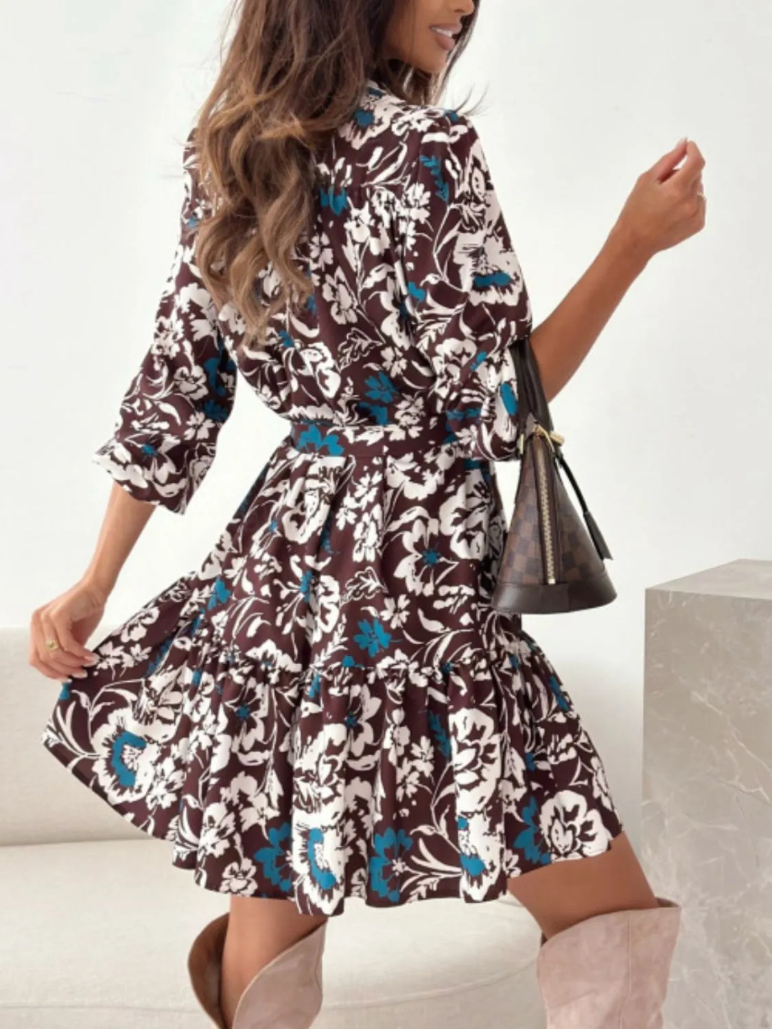 Ruffle Hem Floral Long Sleeve Resort Dress