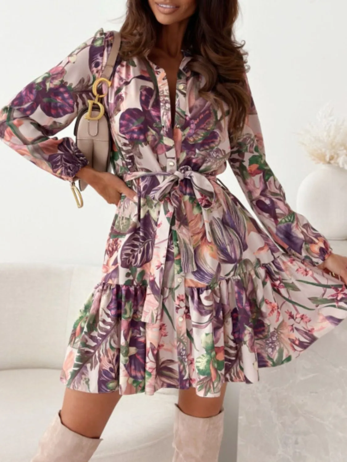 Ruffle Hem Floral Long Sleeve Resort Dress