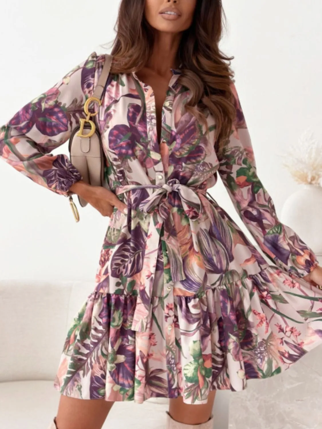 Ruffle Hem Floral Long Sleeve Resort Dress