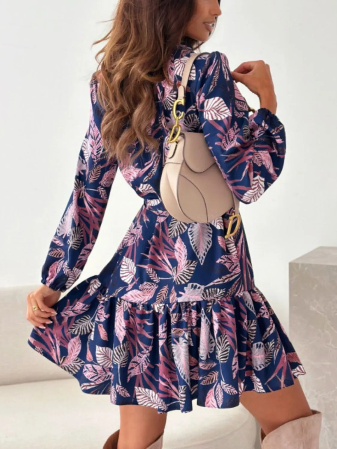 Ruffle Hem Floral Long Sleeve Resort Dress