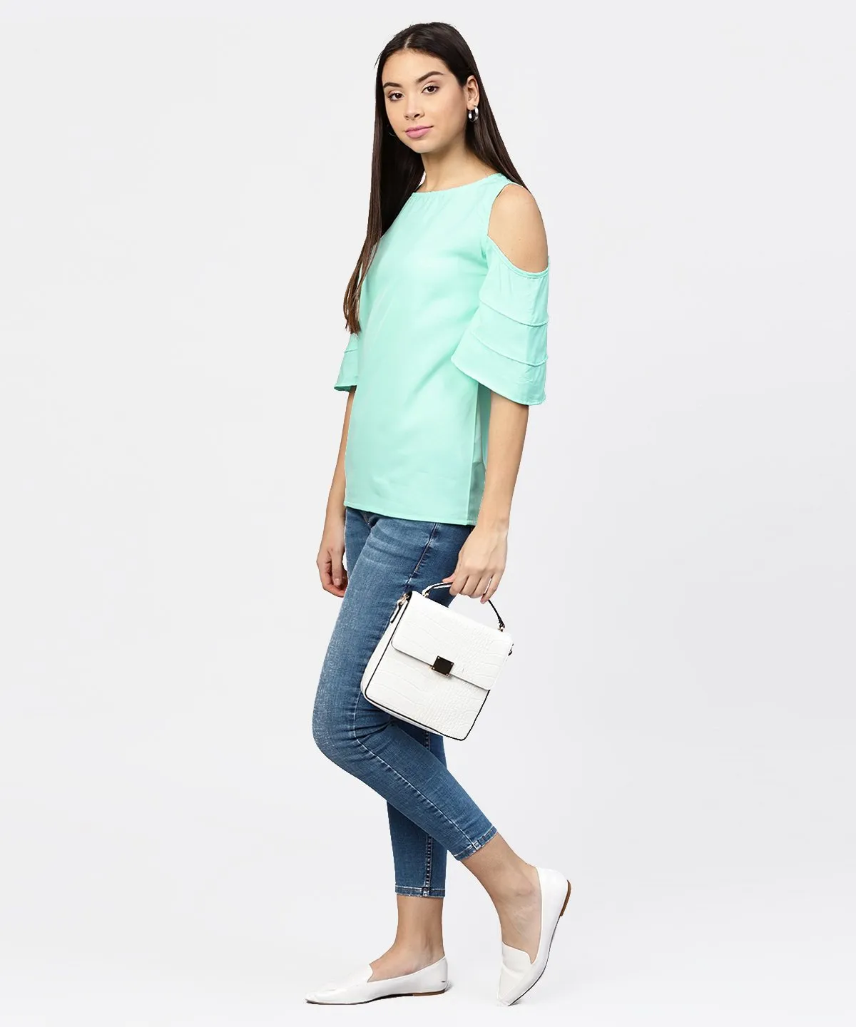 Sea Green Cold Shoulder Layered Sleeve Crepe Top