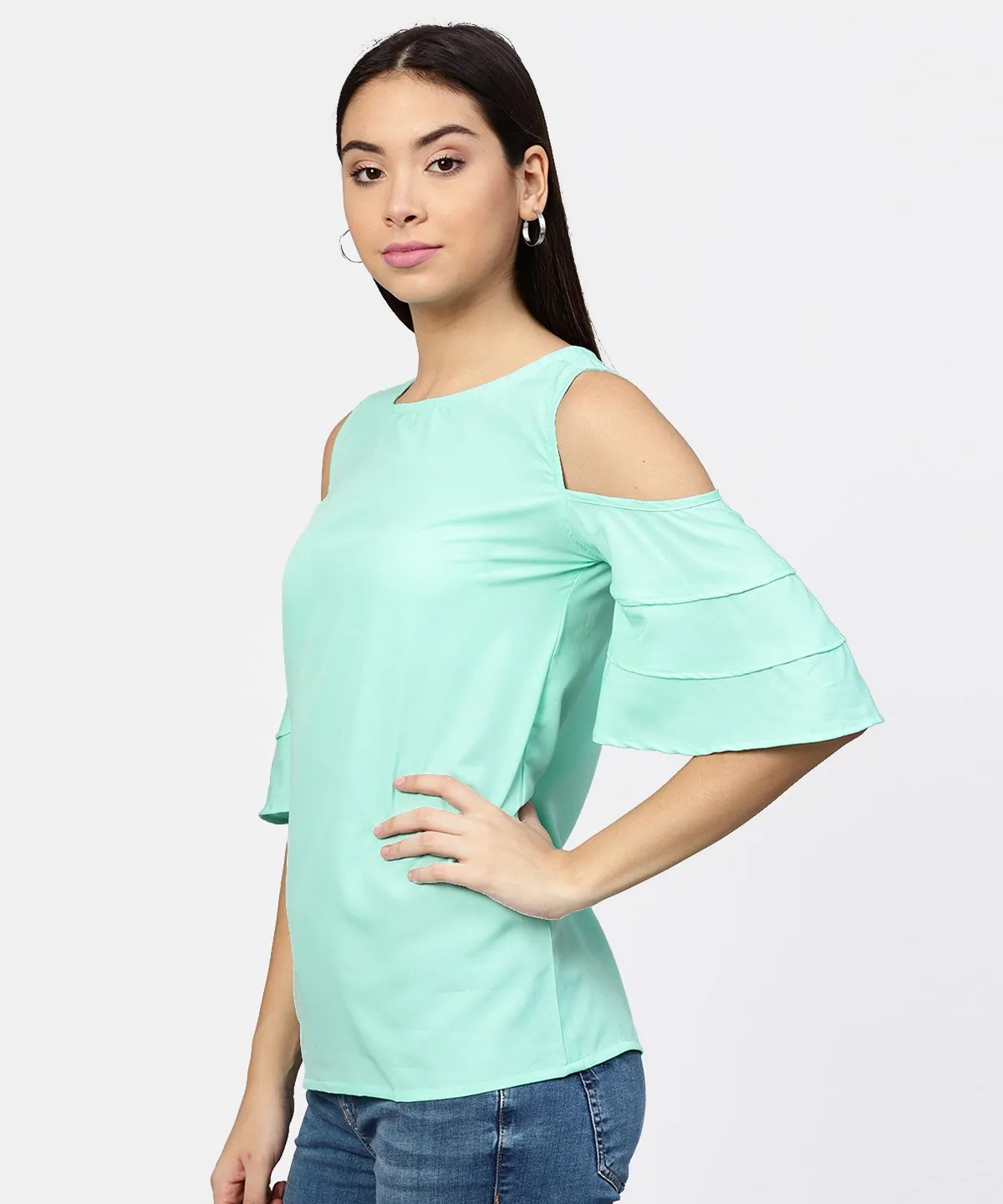 Sea Green Cold Shoulder Layered Sleeve Crepe Top