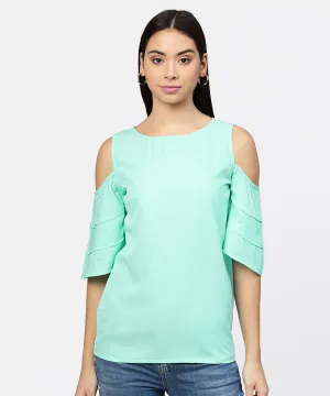 Sea Green Cold Shoulder Layered Sleeve Crepe Top