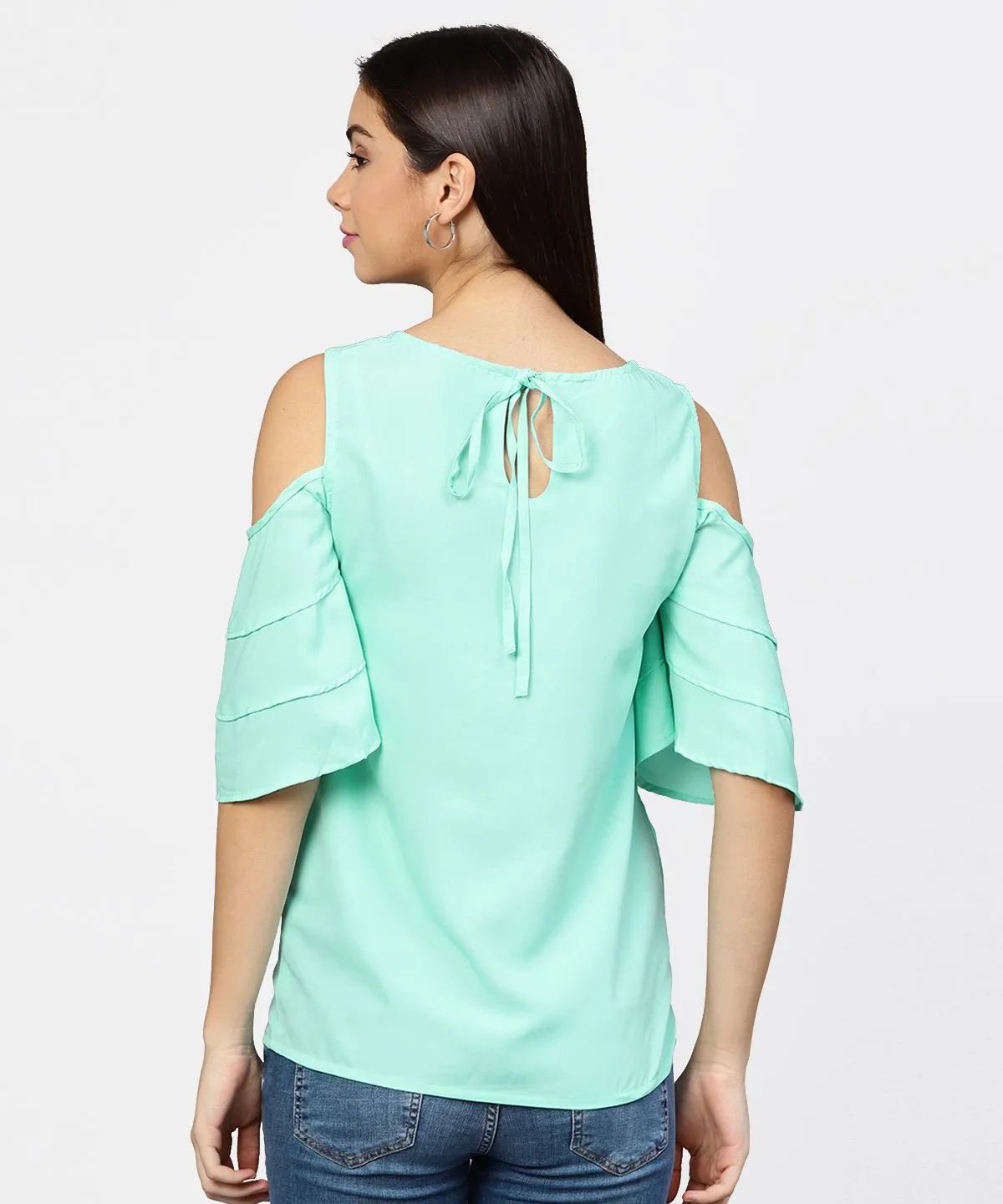 Sea Green Cold Shoulder Layered Sleeve Crepe Top