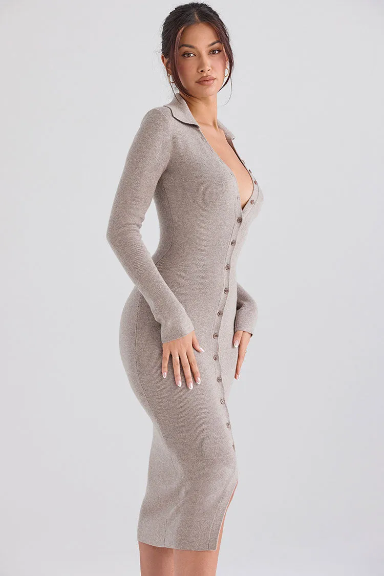 Sexy Collared Button Down Long Sleeve Bodycon Rib Knit Sweater Midi Dress - Camel