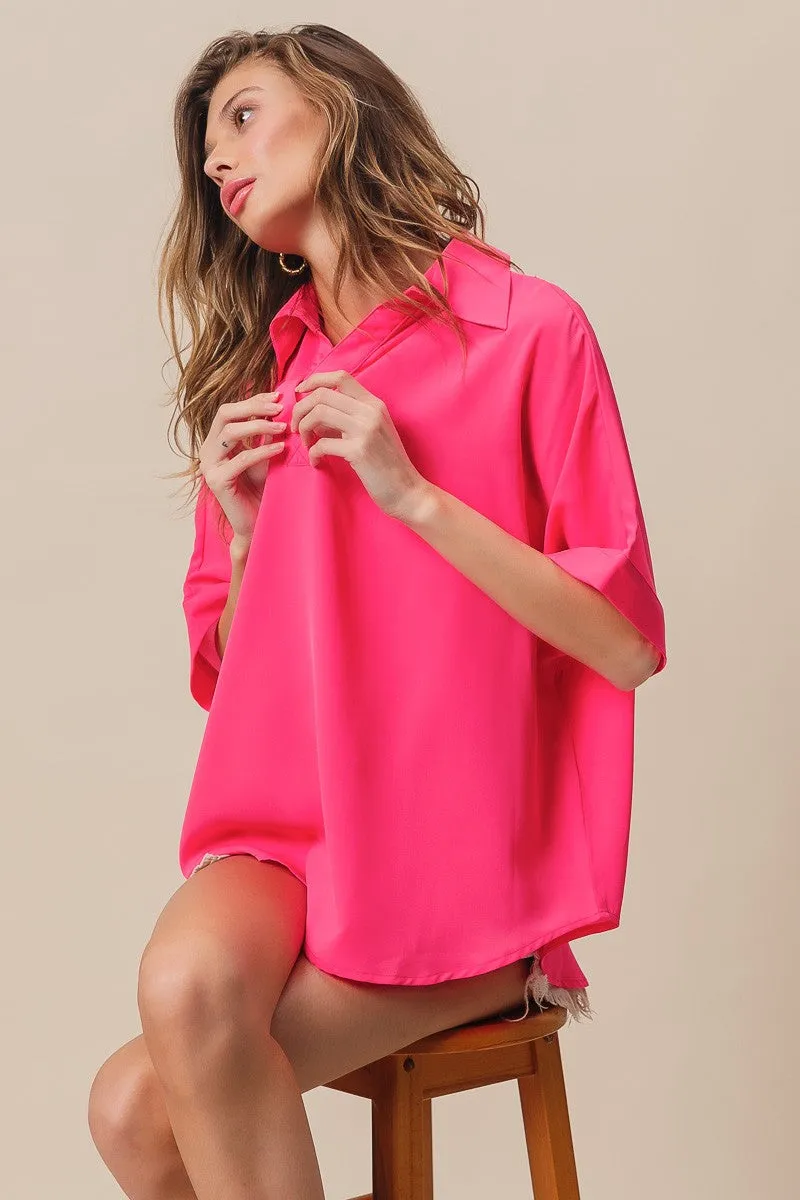 Short Dolman Sleeve Collared V-Neck Silky Top