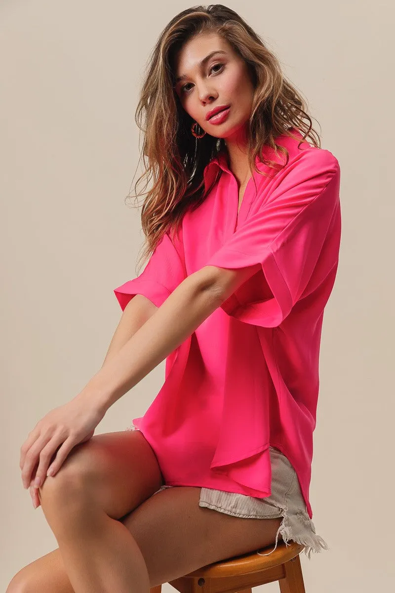 Short Dolman Sleeve Collared V-Neck Silky Top