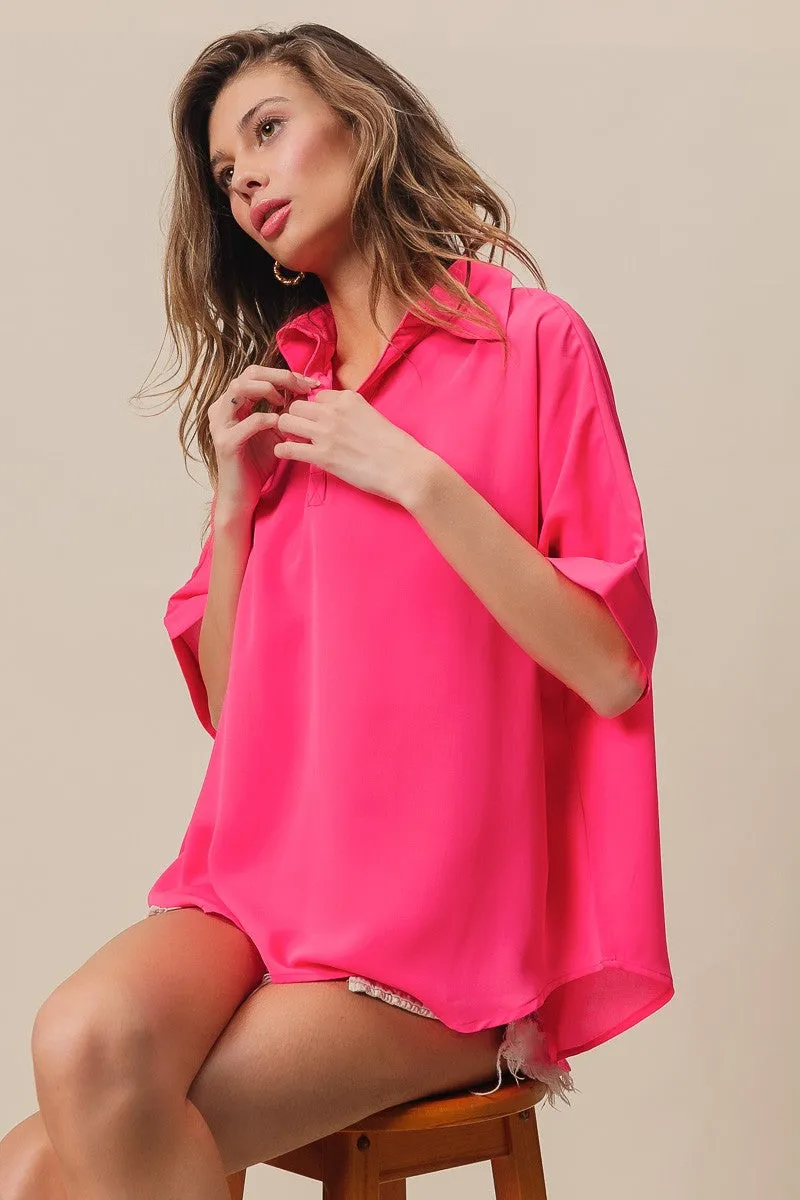 Short Dolman Sleeve Collared V-Neck Silky Top