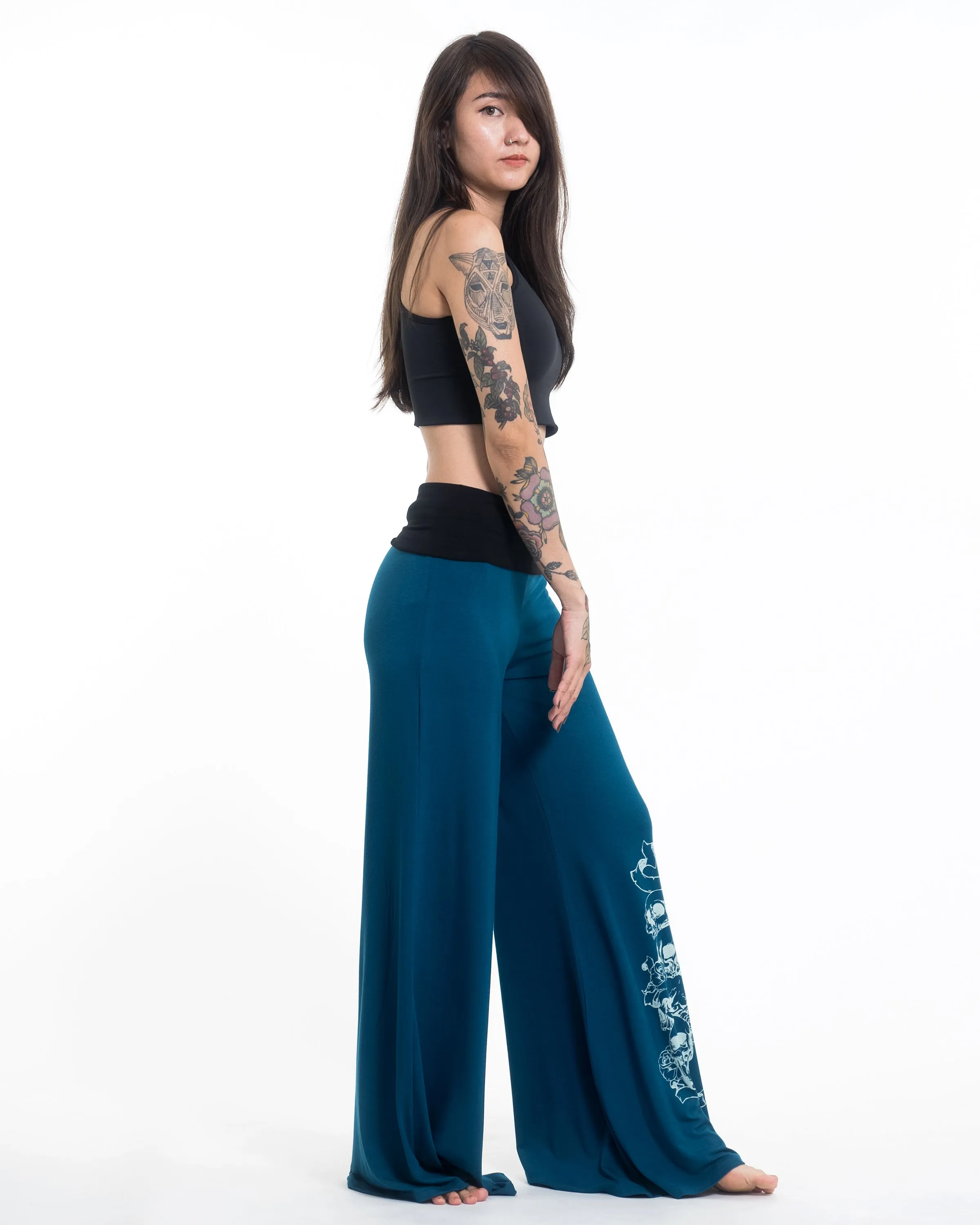 Skulls Spandex Wide Leg Palazzo Pants in Turquoise