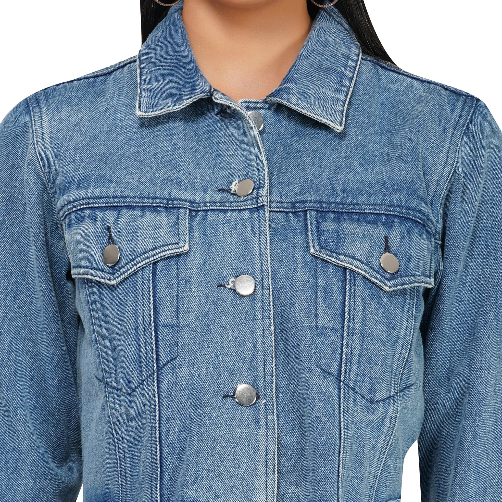 SLAY. Women's Washed Cropped Denim Button-Down Vintage Biker Jacket