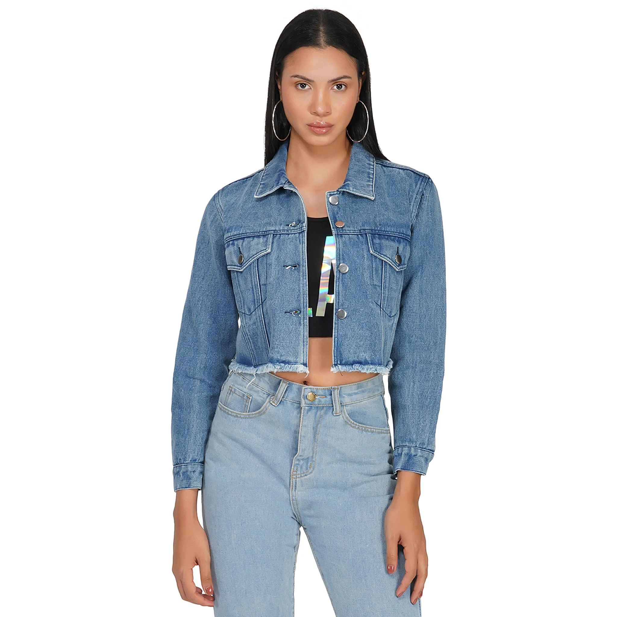 SLAY. Women's Washed Cropped Denim Button-Down Vintage Biker Jacket