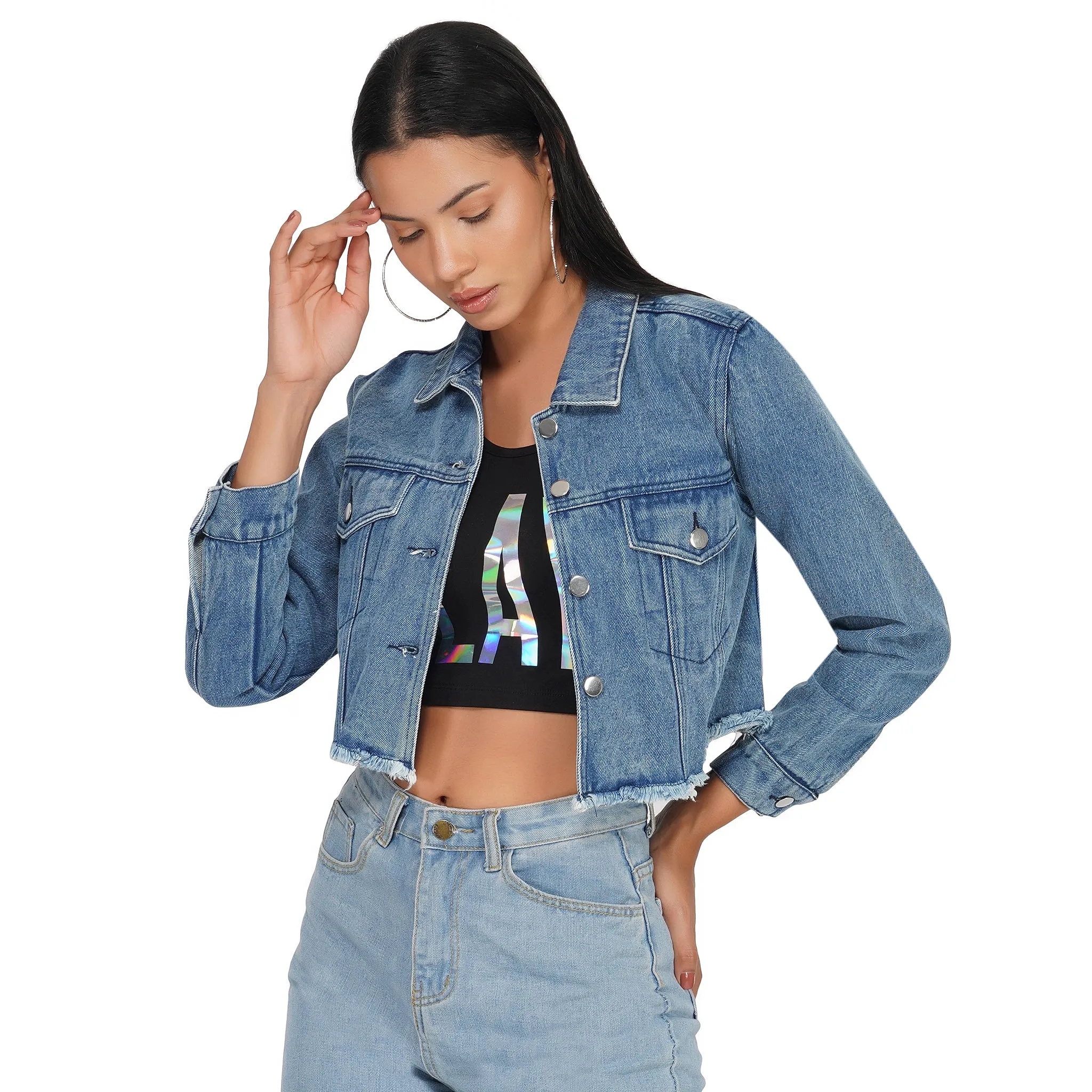 SLAY. Women's Washed Cropped Denim Button-Down Vintage Biker Jacket