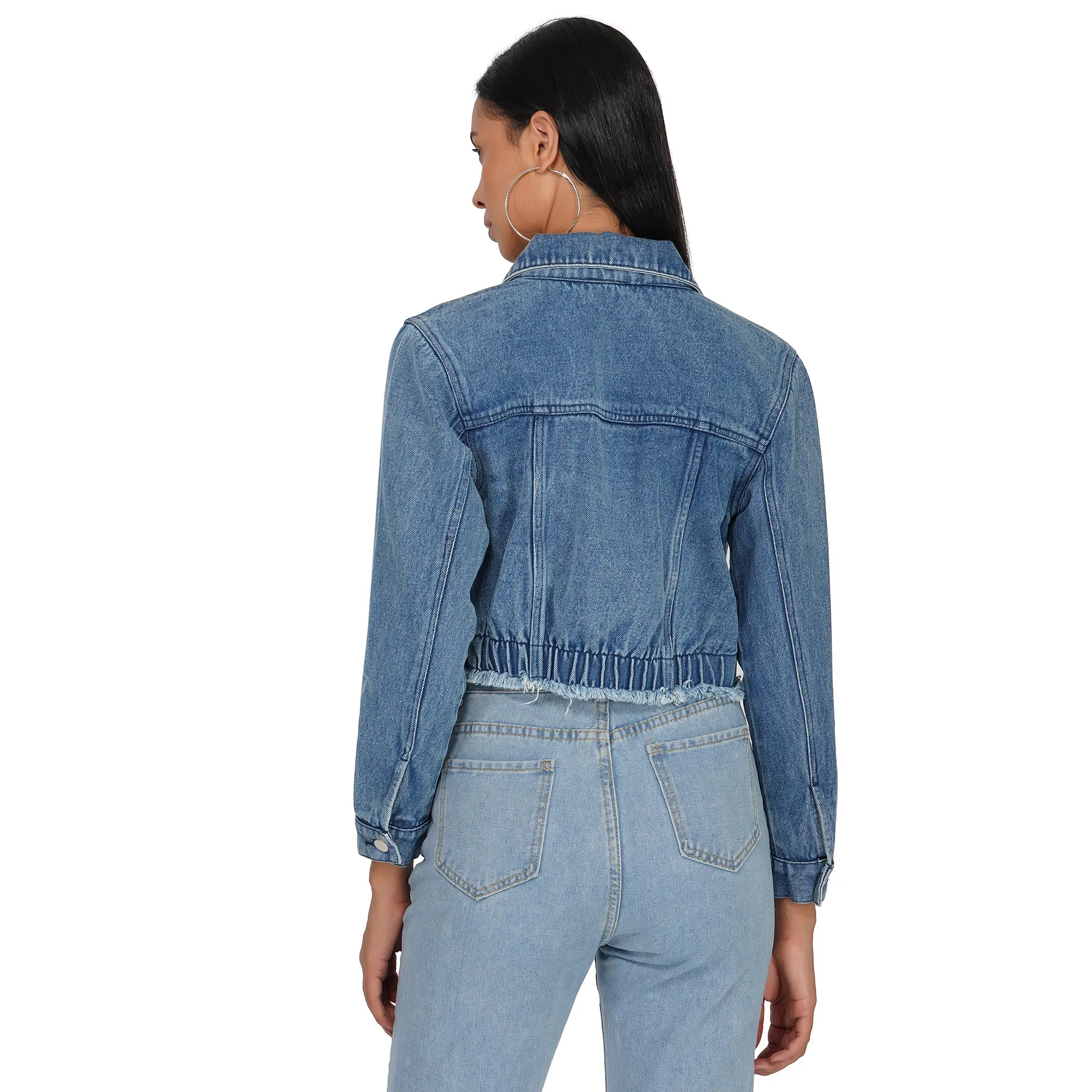 SLAY. Women's Washed Cropped Denim Button-Down Vintage Biker Jacket