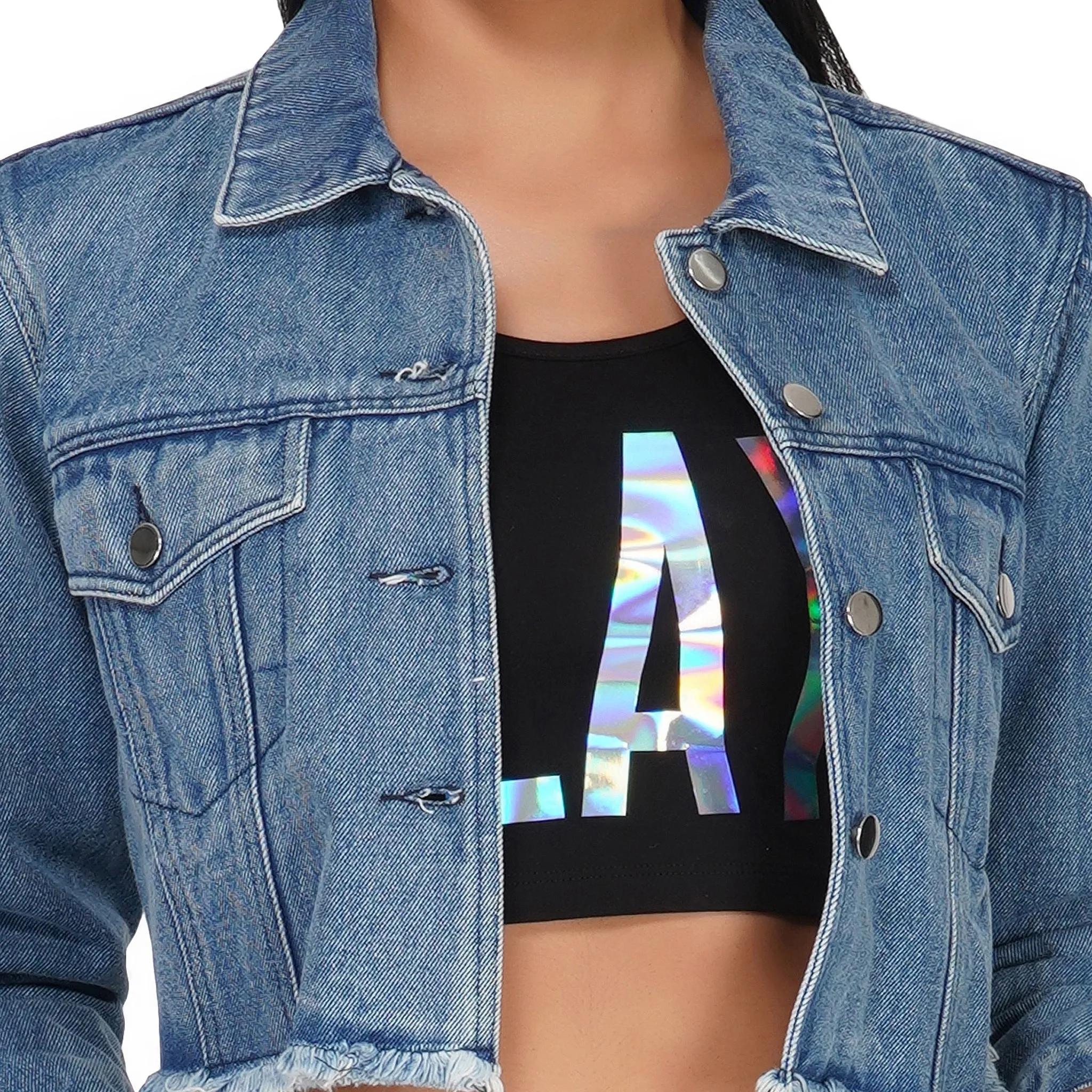 SLAY. Women's Washed Cropped Denim Button-Down Vintage Biker Jacket