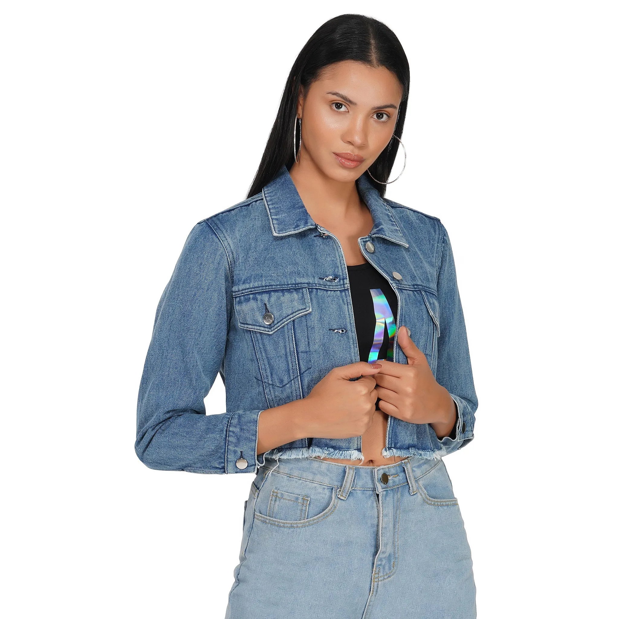 SLAY. Women's Washed Cropped Denim Button-Down Vintage Biker Jacket