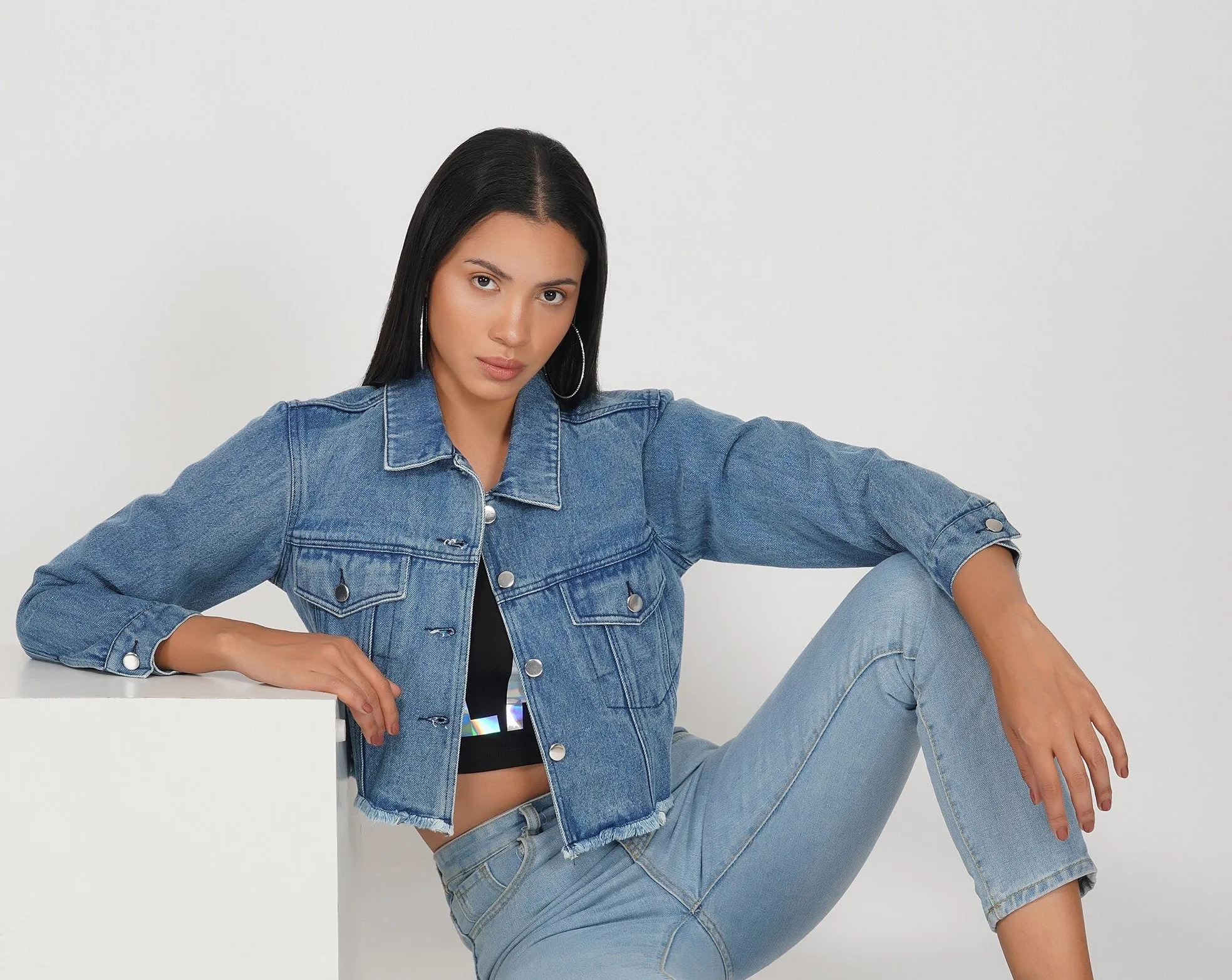 SLAY. Women's Washed Cropped Denim Button-Down Vintage Biker Jacket