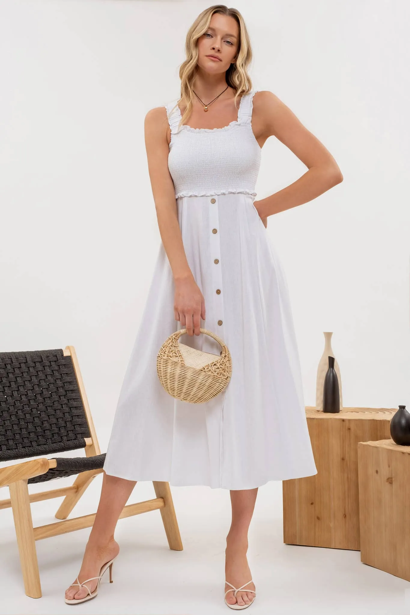 SMOCKED SLEEVELESS BUTTON DOWN MIDI DRESS