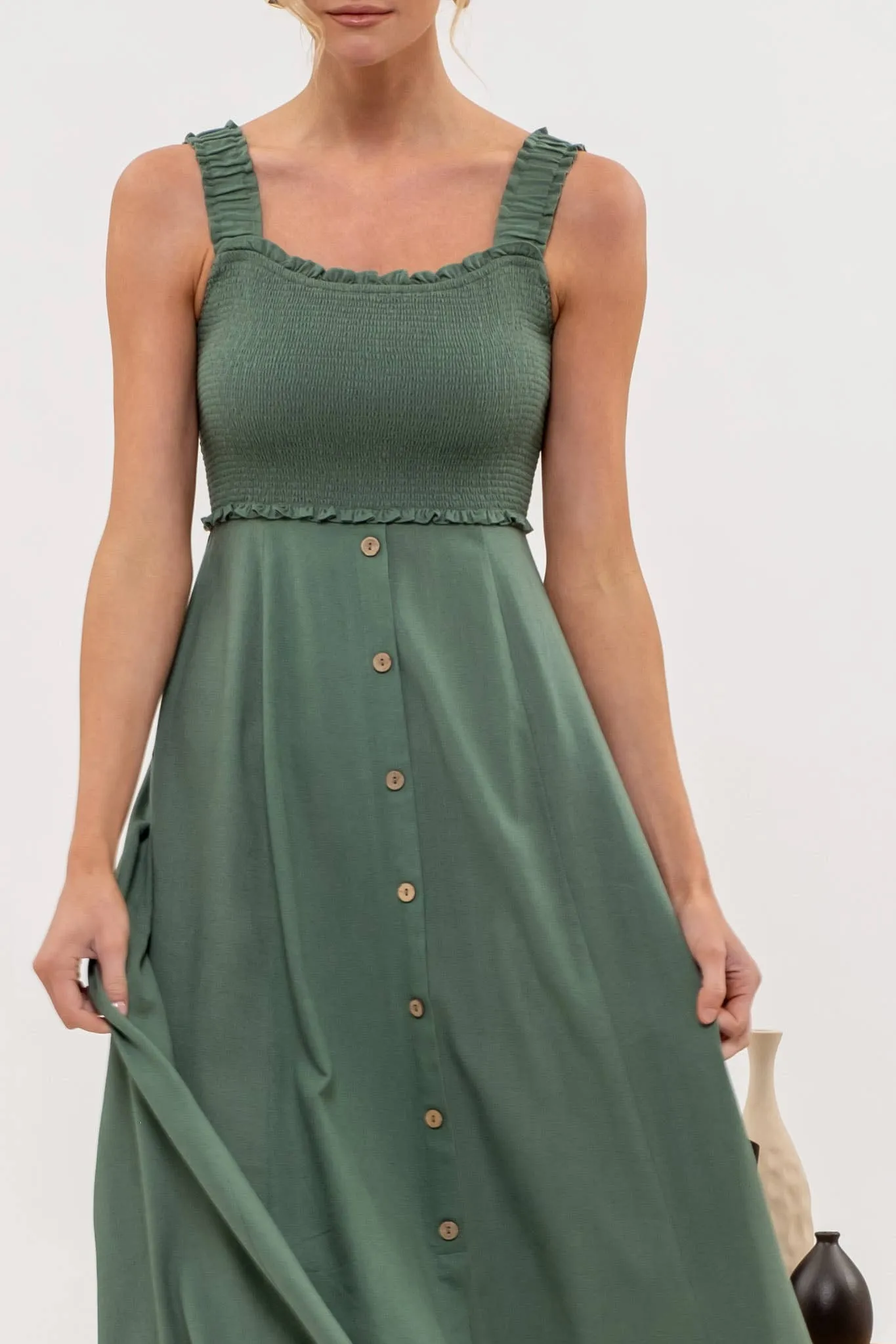 SMOCKED SLEEVELESS BUTTON DOWN MIDI DRESS